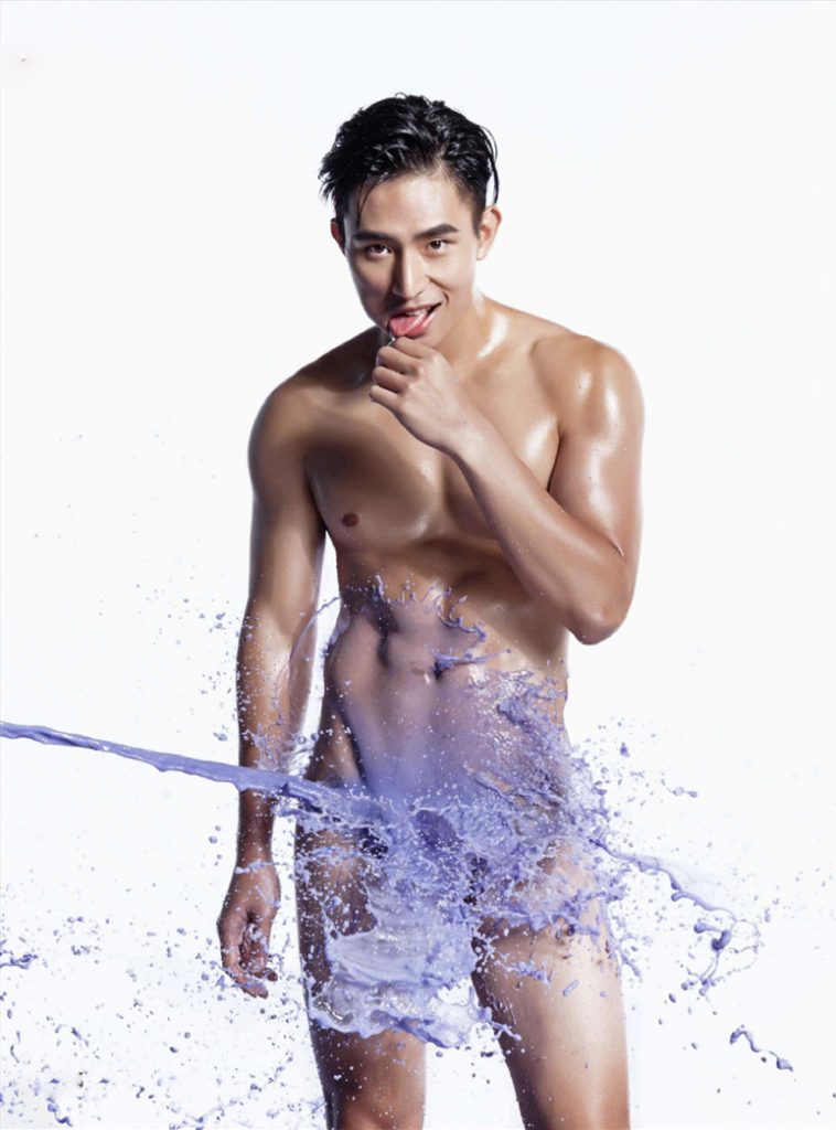 Nude Asian man in a color wave