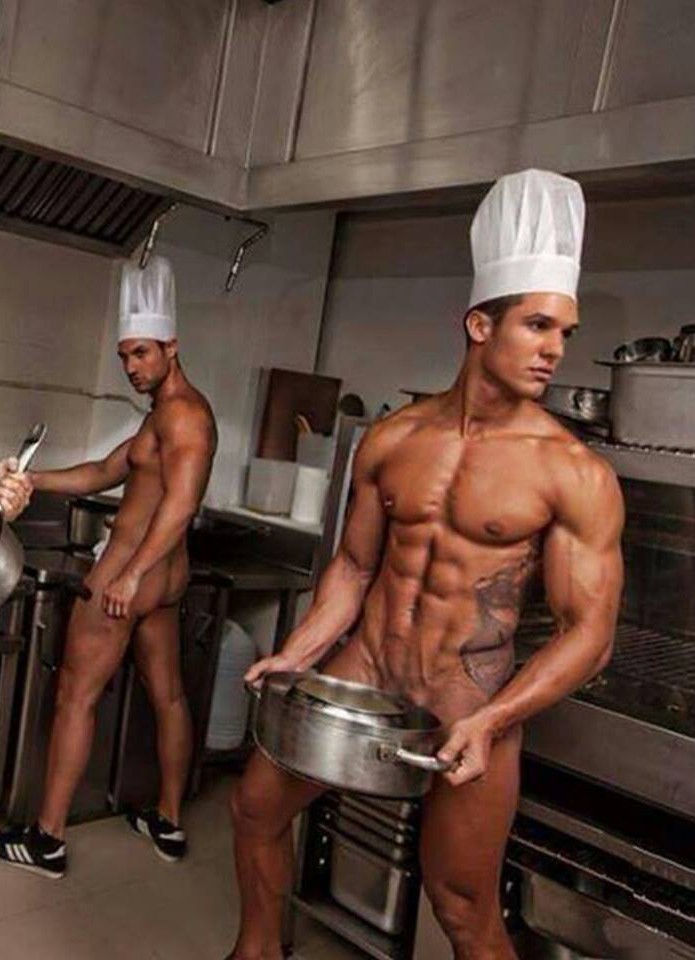 Two naked cooks Gay side of the kitchen. 